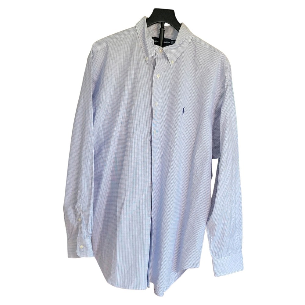 Ralph Lauren Classic Fit Blue Down Shirt Size 17.5 34/35 Blue White Checkered